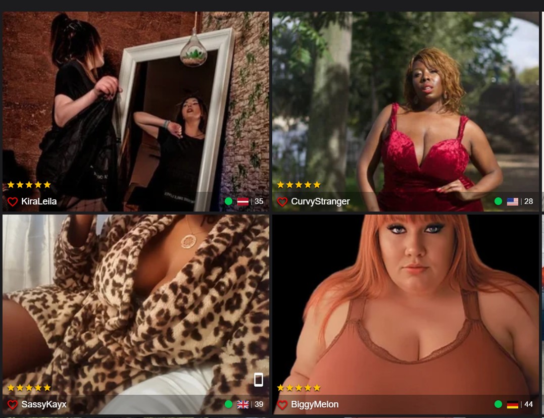 Busty Streamate models collage showing KiraLeila, CurvyStranger, SassyKayx and BiggyMelon